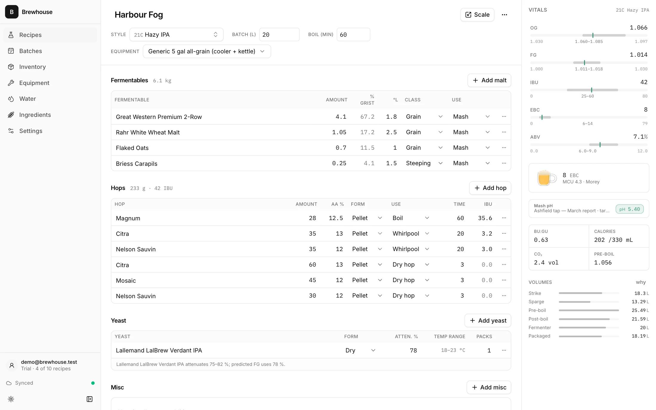 The Harbour Fog recipe open in the editor: fermentables, hops, yeast and mash schedule on the left, and a vitals rail on the right showing OG 1.066, FG 1.014, IBU 42, EBC 8 and ABV 7.1 per cent, each with its BJCP range bar for style 21C Hazy IPA.