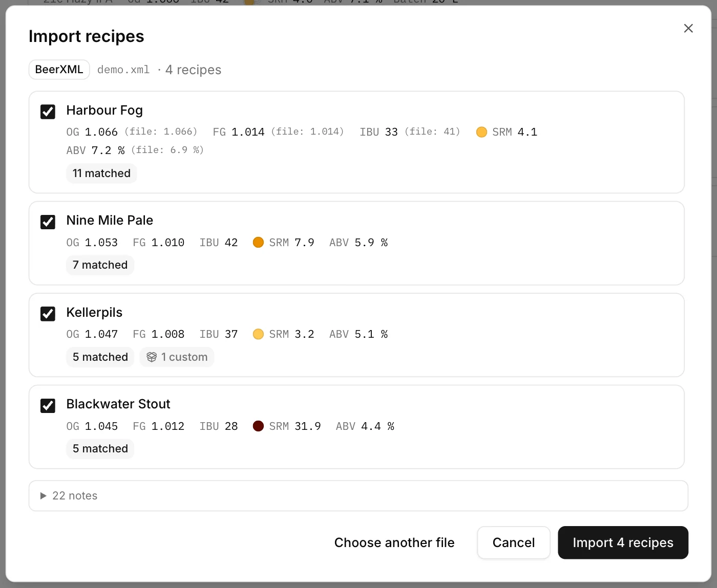 The import preview: a BeerXML file listed with four recipes, each row showing the recipe name, its style, the vitals computed by Beerwright next to the vitals the file claimed, and a badge saying how many ingredients matched the catalogue.